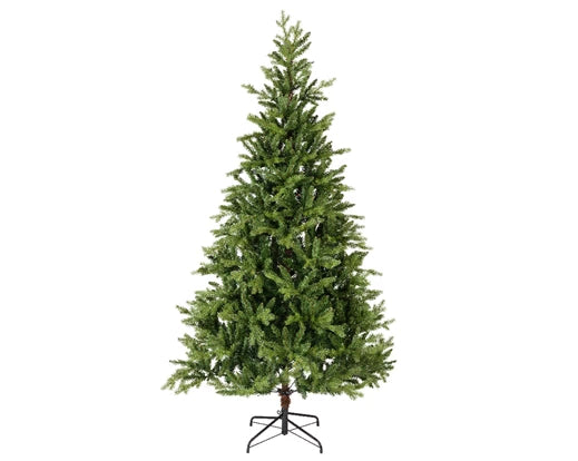A full bodied artificial green Christmas tree