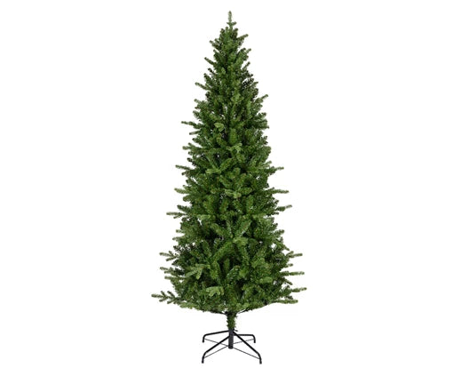 A slim green artificial Christmas tree with metal needle type and a three-section foot.