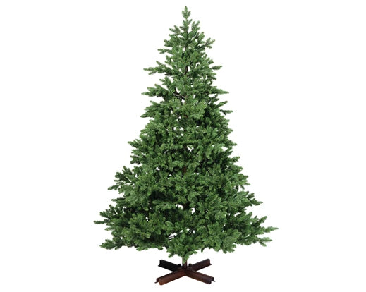 A hinged green artificial Christmas tree with a metal tree foot.