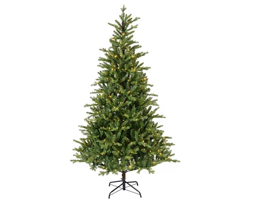 A 7ft tall pre-lit Belmont Christmas tree with warm white LED lights on green needles, displayed on a metal stand.