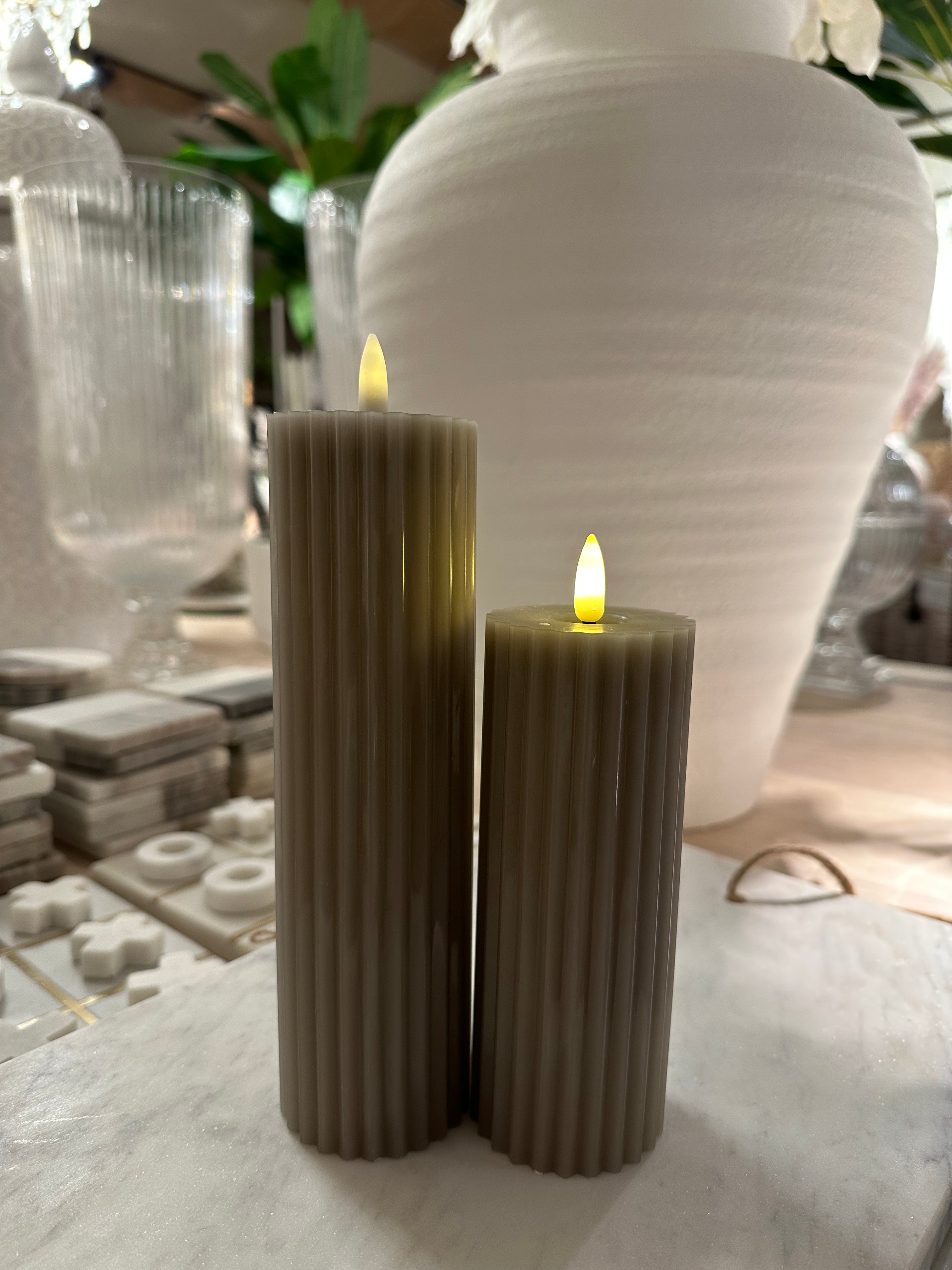 Warm Grey LED carved line pillar candle